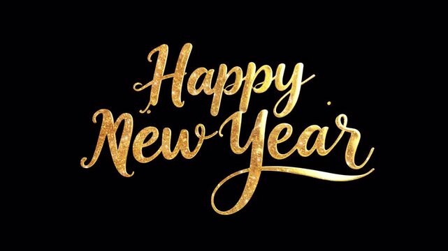 Happy New Year golden glitter animated text in an elegant cursive script. Festive holiday greeting perfect for celebrations. This is an animated video with a transparent background effect.