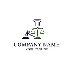 A logo featuring legal symbols like a pillar, scales of justice, and a gavel, with placeholder text for company name and tagline.