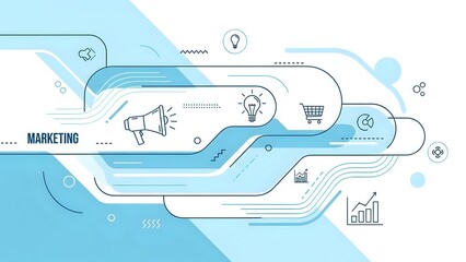 Digital marketing concept with megaphone and business icons on flowing circuit board design for promotional campaigns and advertising strategies.