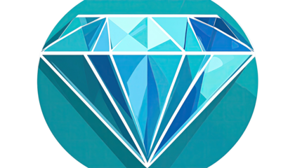 A geometric illustration of a sparkling blue gemstone, rendered in a polygonal style