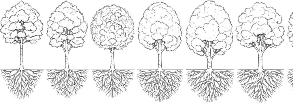 Line art illustration of seven trees with visible root systems, depicting stages of growth and variety