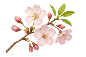 Fototapeta premium Cherry blossom branch in spring blooming with pink flowers and buds, fresh green leaves, transparent background