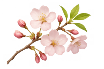 Cherry blossom branch in spring blooming with pink flowers and buds, fresh green leaves, transparent background