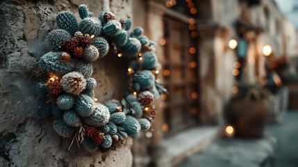 Festive winter wreath with frosted pine cones and evergreen branches hanging on rustic stone wall with warm golden lights creating cozy holiday atmosphere.