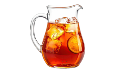 A glass pitcher filled with an amber liquid, ice cubes, and a slice of citrus fruit