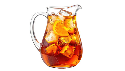 A glass pitcher filled with iced tea, orange slices, and ice cubes