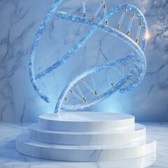 輝くDNA構造体と白い大理石のポディウム。最先端のバイオテクノロジーや医療製品向け3D背景。