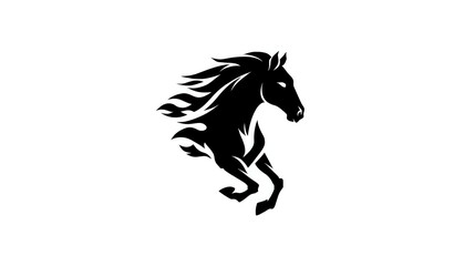 Black horse silhouette with flowing mane running in dynamic motion isolated on white background for logo design and branding projects.
