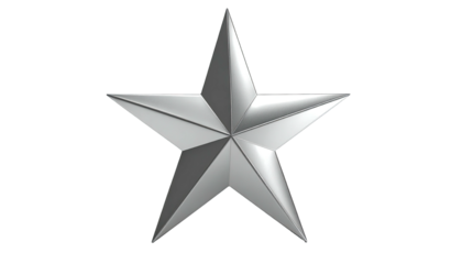 A gleaming silver five-pointed star against a stark black background. It has polished facets