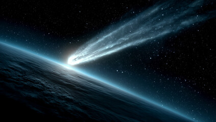 Obraz premium Meteor or Comet Streaking through Planet Atmosphere over Dark Horizon