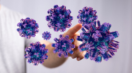 Artistic depiction of virus particles interacting with human touch, symbolizing the spread or danger of infect