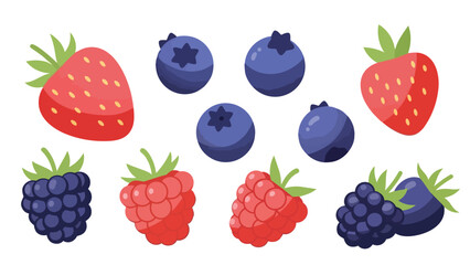Vibrant cartoon berry collection: strawberries, blueberries, raspberries, blackberries for fresh designs