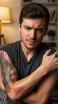 Concerned young Caucasian man with an eagle tattoo and a bruise on his arm, looking directly at the camera with a serious expression indoors.