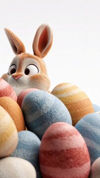 Neugieriger Osterhase hinter bunten Ostereiern
