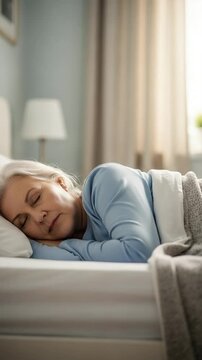 Peaceful senior woman with gray hair sleeping soundly in a comfortable bed in her cozy bedroom at home