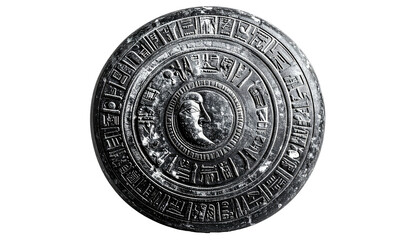 A grayscale circular shield with intricate carvings and a central face design