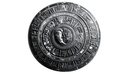 A grayscale circular shield with intricate carvings and a central face design