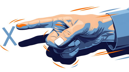 Pointing finger hand gesture with letter X mark, flat vector illustration of choice, selection, and error concept in blue and orange style