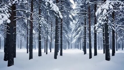 Snowy forest with tall trees covered in snow on a cold winter day with snowflakes falling gently - Powered by Adobe