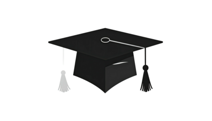 A grayscale illustration of a graduation cap with a tassel against a black background