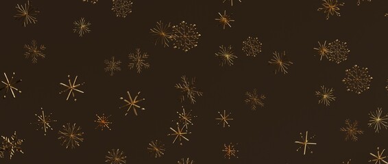 Abstract design of golden snowflakes floating against a warm brown backdrop, perfect for holiday themes, festive