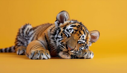 Adorable Tiger Cub Sleeping Peacefully on Vibrant Orange Background