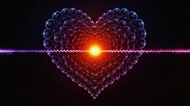 Vibrant heart shaped bubbles with glowing light and waveform on black background