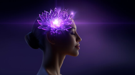 Obraz premium Faceless feminine silhouette with glowing purple lotus symbol at the crown chakra, divine feminine energy concept, minimal purple background, defocused lighting, with copy space