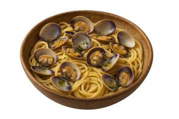 Authentic italian spaghetti alle vongole plate featuring fresh clams, pasta, and parsley on transparent background