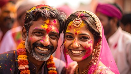 two people smiling happily, decorated with colorful paint and flowers.