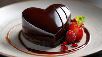 Ultra premium Valentine’s Day dessert, sculptural heart form, deep contrast