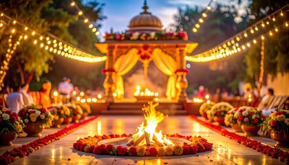 Fototapeta premium a beautifully decorated garden scene with a fire in the center surrounded by flowers and lights