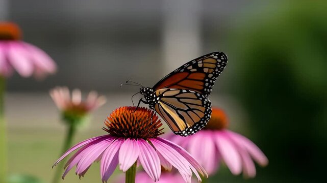 Monarch butterfly perched on a pink coneflower in a garden with blurred background and greenery
