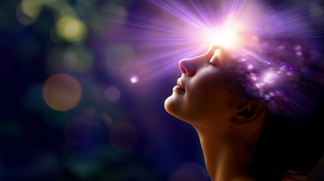 Faceless female silhouette receiving a stream of purple light entering the crown of the head, pineal gland activation symbolism, soft defocused nature background, with copy space