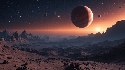 Alien landscape with a gas giant and moons in a starry sky