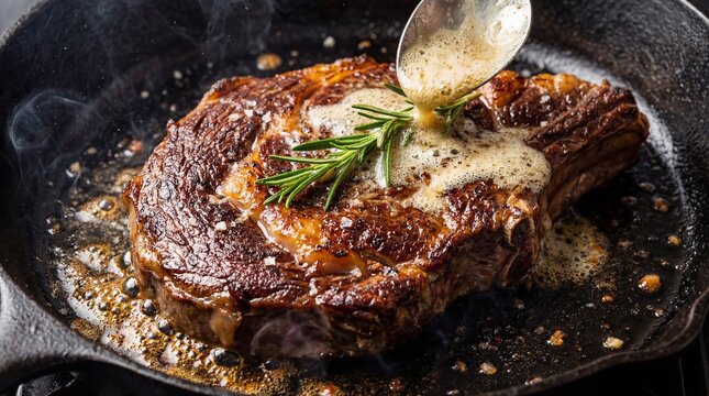 Ribeye Steak Basting with Butter and Rosemary in Cast Iron Pan