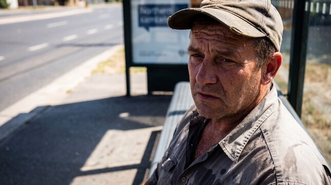Tired Senior Man with Weathered Face Sitting at Bus Stop