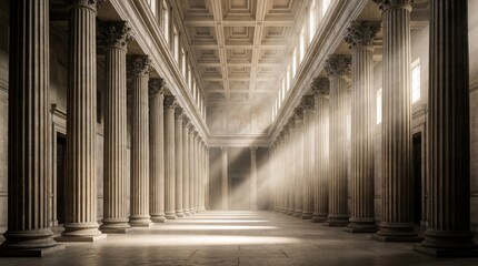 Grand Classical Interior Hall with Stone Columns and Sunbeams