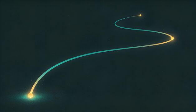 Abstract teal to gold growth roadmap curve with glowing milestones on dark background, minimal business strategy timeline path for planning, forecasting, investment journey, product roadmap