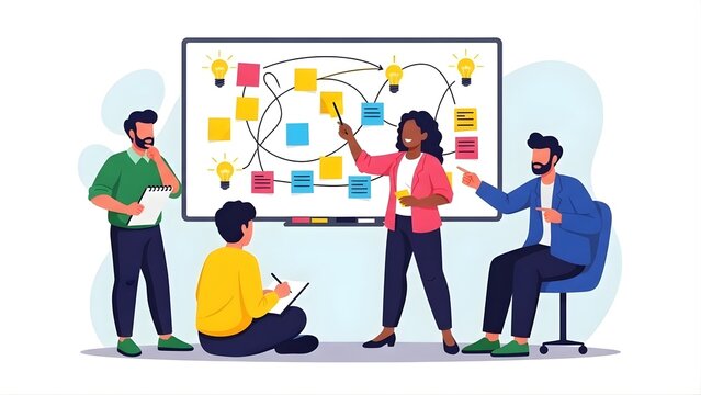 Creative team brainstorming idea session with sticky notes and planning strategy on whiteboard illustration.