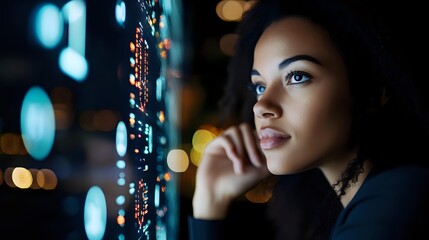 Young African American woman analyzing data on futuristic digital screen with glowing interface in modern tech environment for business analytics.
