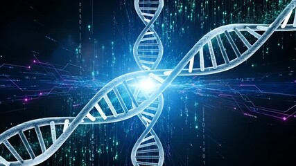 Glowing blue dna double helix structure with binary code background representing genetic engineering and biotechnology concepts in a futuristic digital environment - Powered by Adobe
