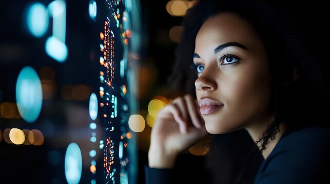 Young African American woman analyzing data on futuristic digital screen with glowing interface in modern tech environment for business analytics. - Powered by Adobe