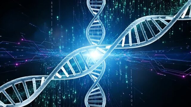 Glowing blue dna double helix structure with binary code background representing genetic engineering and biotechnology concepts in a futuristic digital environment