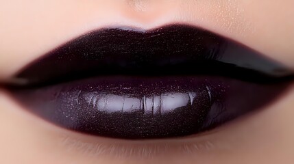 Close-up of woman's lips wearing dark burgundy metallic lipstick with glossy finish. Professional makeup artistry for beauty and cosmetic applications.