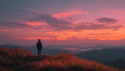 Obraz premium Silhouette of hiker standing on mountain peak with golden grass at dramatic sunset. Adventure travel and outdoor exploration concept for inspiring designs.