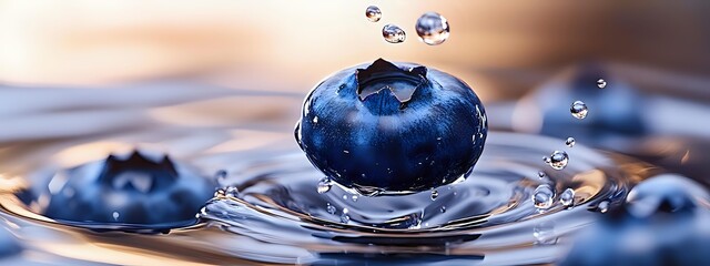 Fresh blueberry splashing into clear water creating dynamic ripples and droplets. Healthy fruit nutrition concept for wellness and diet campaigns.