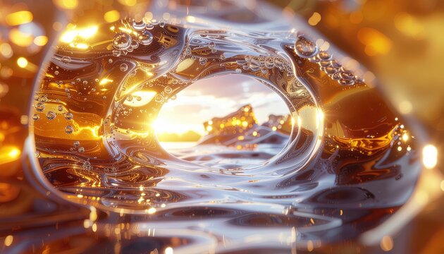 Abstract liquid form with golden bokeh lights and sunset reflection