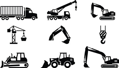 Construction machinery silhouettes icons set, crane truck excavator loader bulldozer dump truck, heavy industrial vehicles, black vector collection, isolated white background © imtiyaj