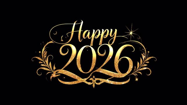 Elegant Happy 2026 animated golden glitter text with floral flourishes. Festive New Year's Eve celebration calligraphic title animation. Animated video with a transparent background alpha channel.